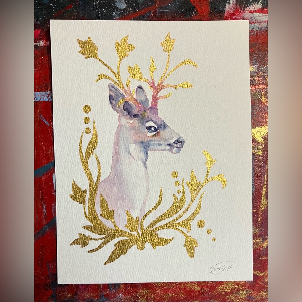 Original deer Watercolor painting Art Gold accents nature buck wildlife artwork